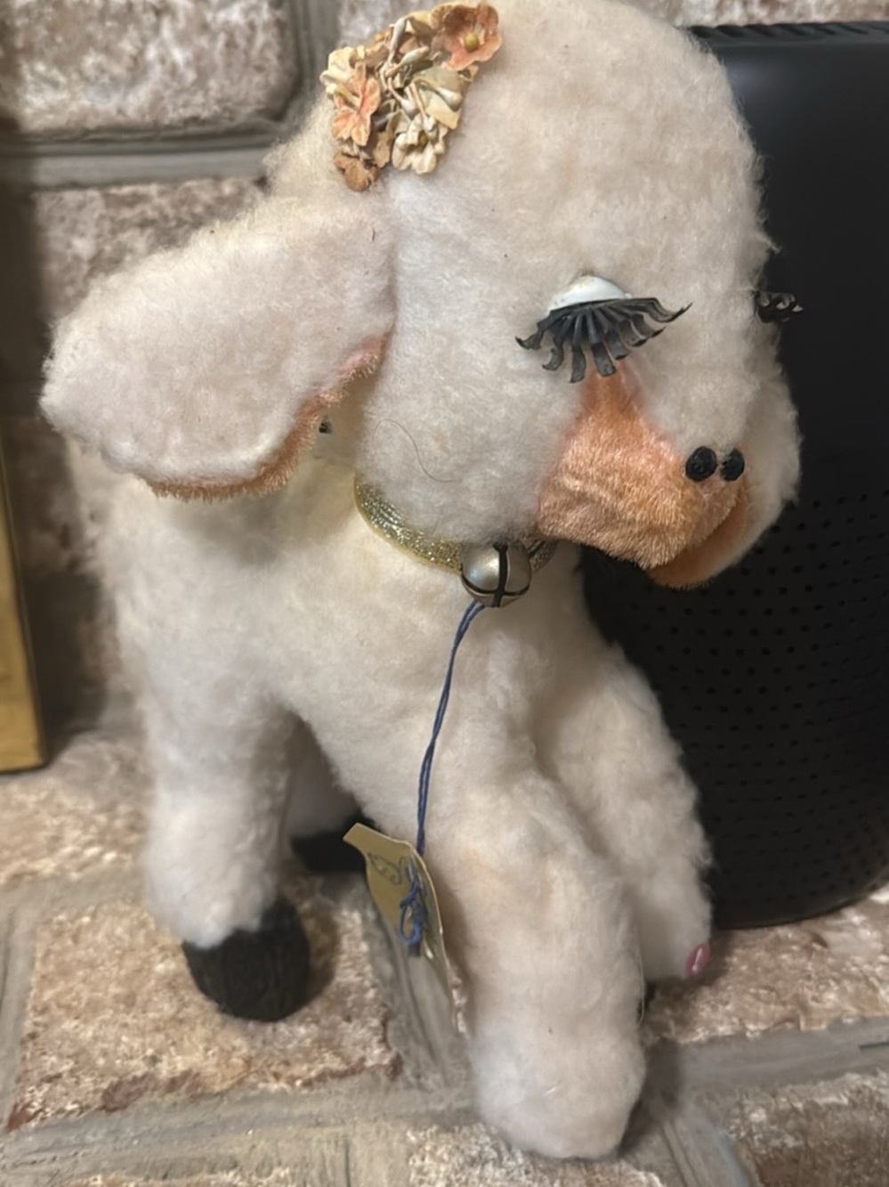 Plush Vintage White Lamb with Bell and Flower Accent